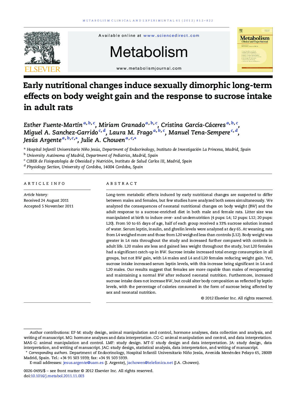 Early nutritional changes induce sexually dimorphic long-term effects on body weight gain and the response to sucrose intake in adult rats 