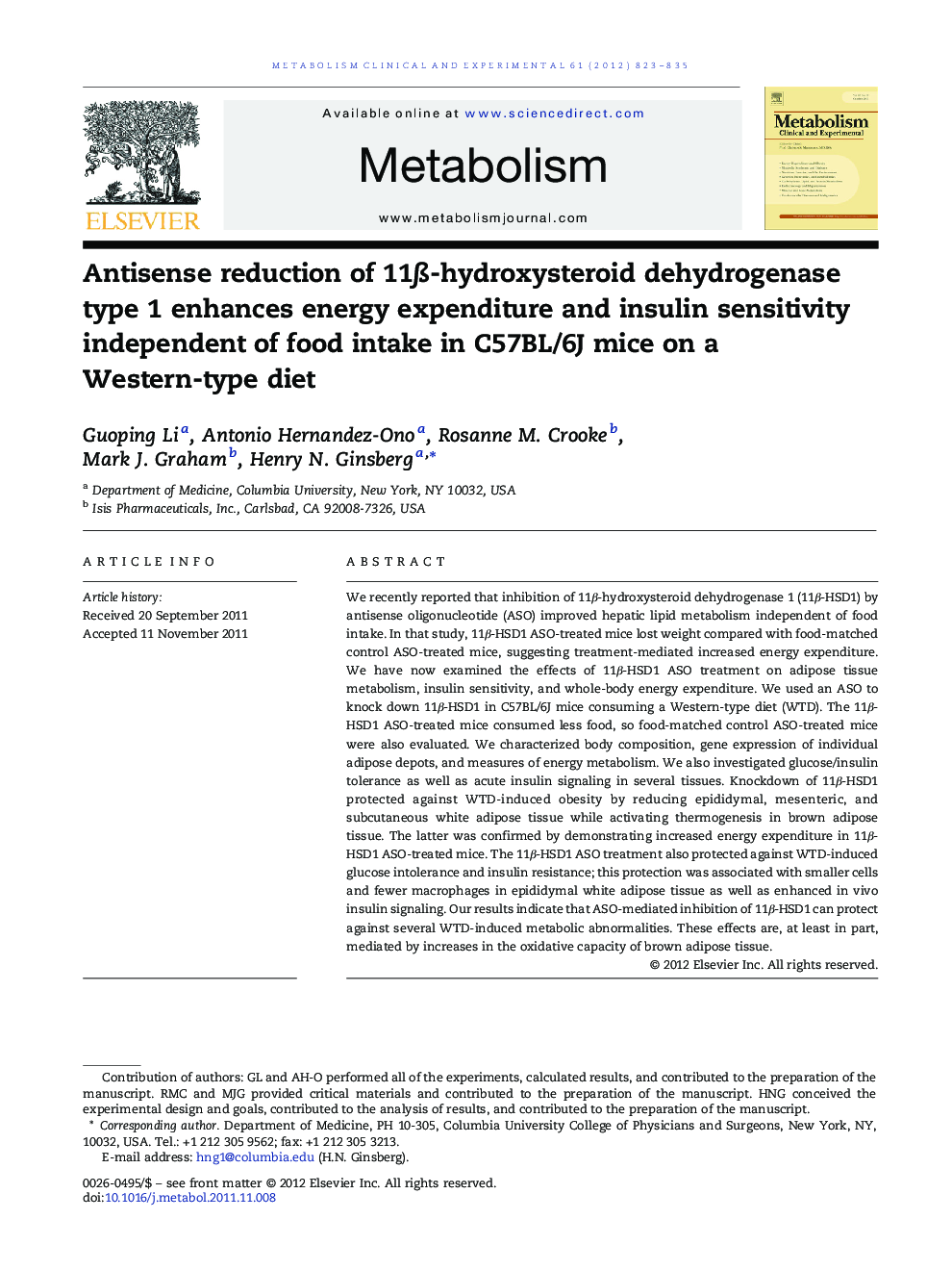 Antisense reduction of 11β-hydroxysteroid dehydrogenase type 1 enhances energy expenditure and insulin sensitivity independent of food intake in C57BL/6J mice on a Western-type diet 