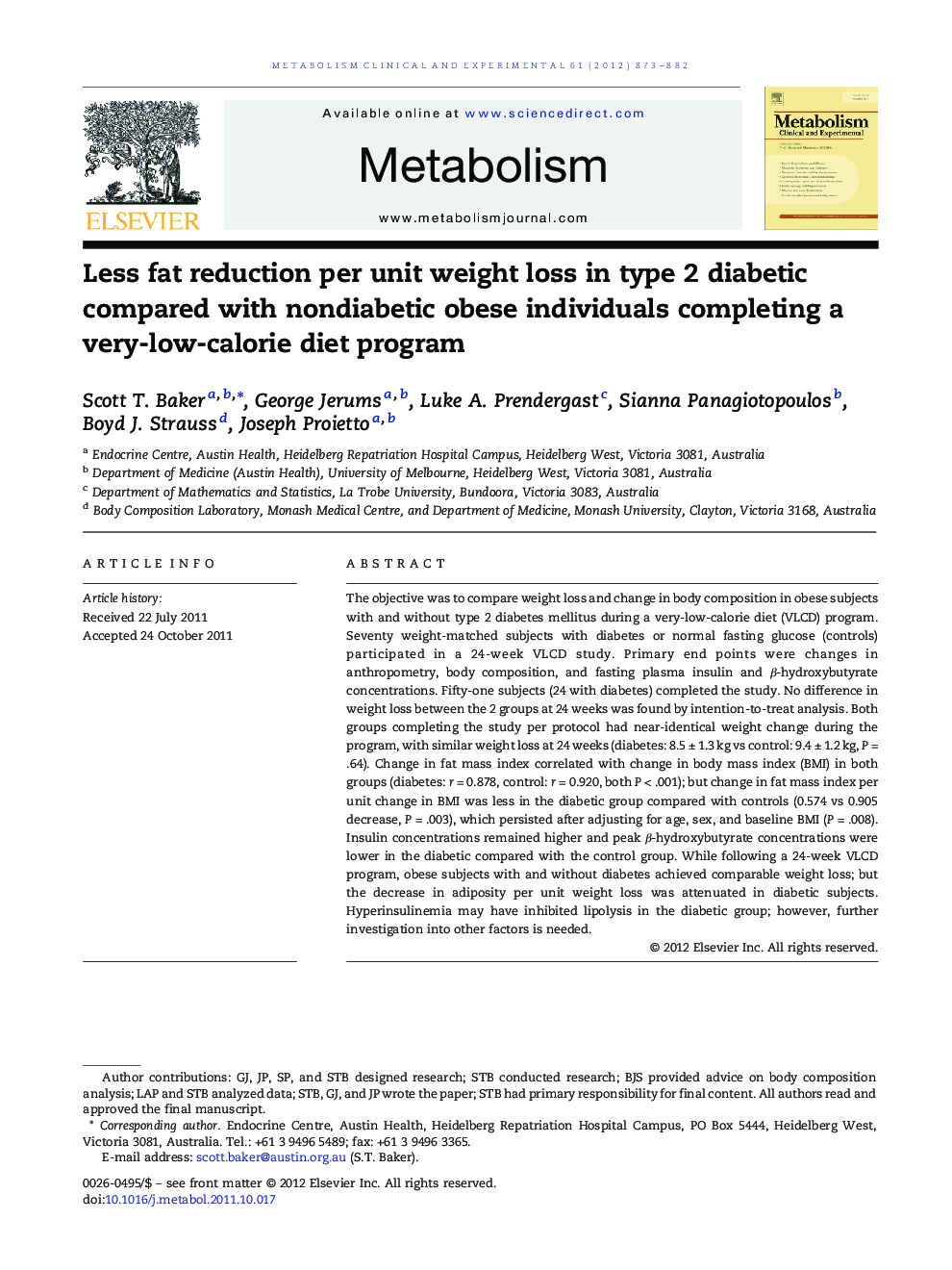 Less fat reduction per unit weight loss in type 2 diabetic compared with nondiabetic obese individuals completing a very-low-calorie diet program