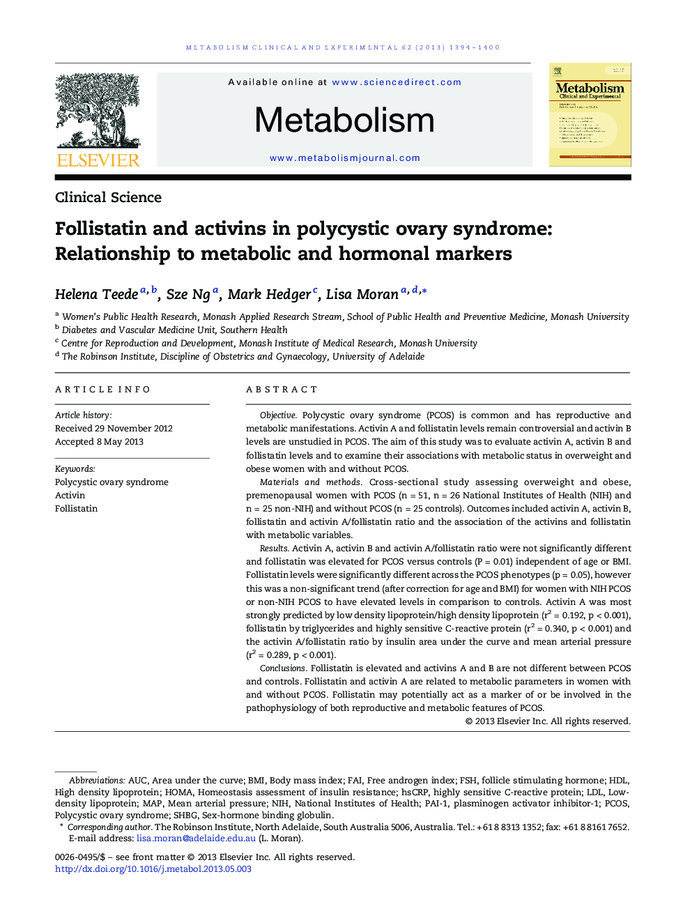 Follistatin and activins in polycystic ovary syndrome: Relationship to metabolic and hormonal markers