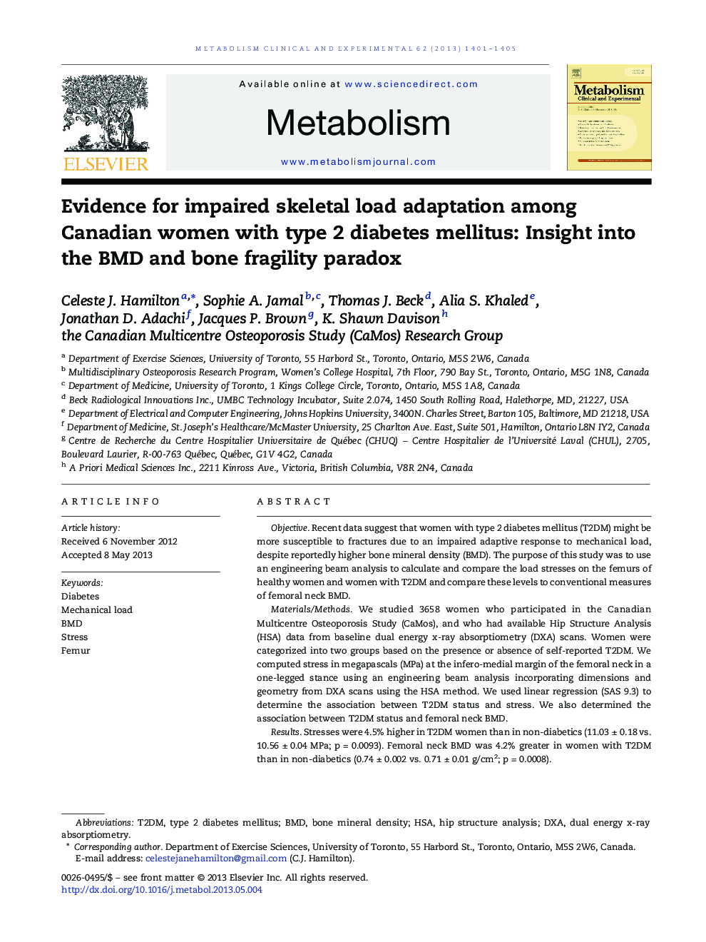 Evidence for impaired skeletal load adaptation among Canadian women with type 2 diabetes mellitus: Insight into the BMD and bone fragility paradox