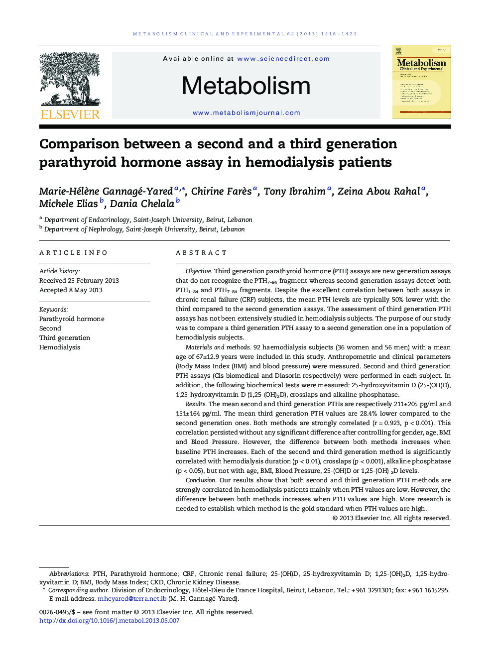 Comparison between a second and a third generation parathyroid hormone assay in hemodialysis patients