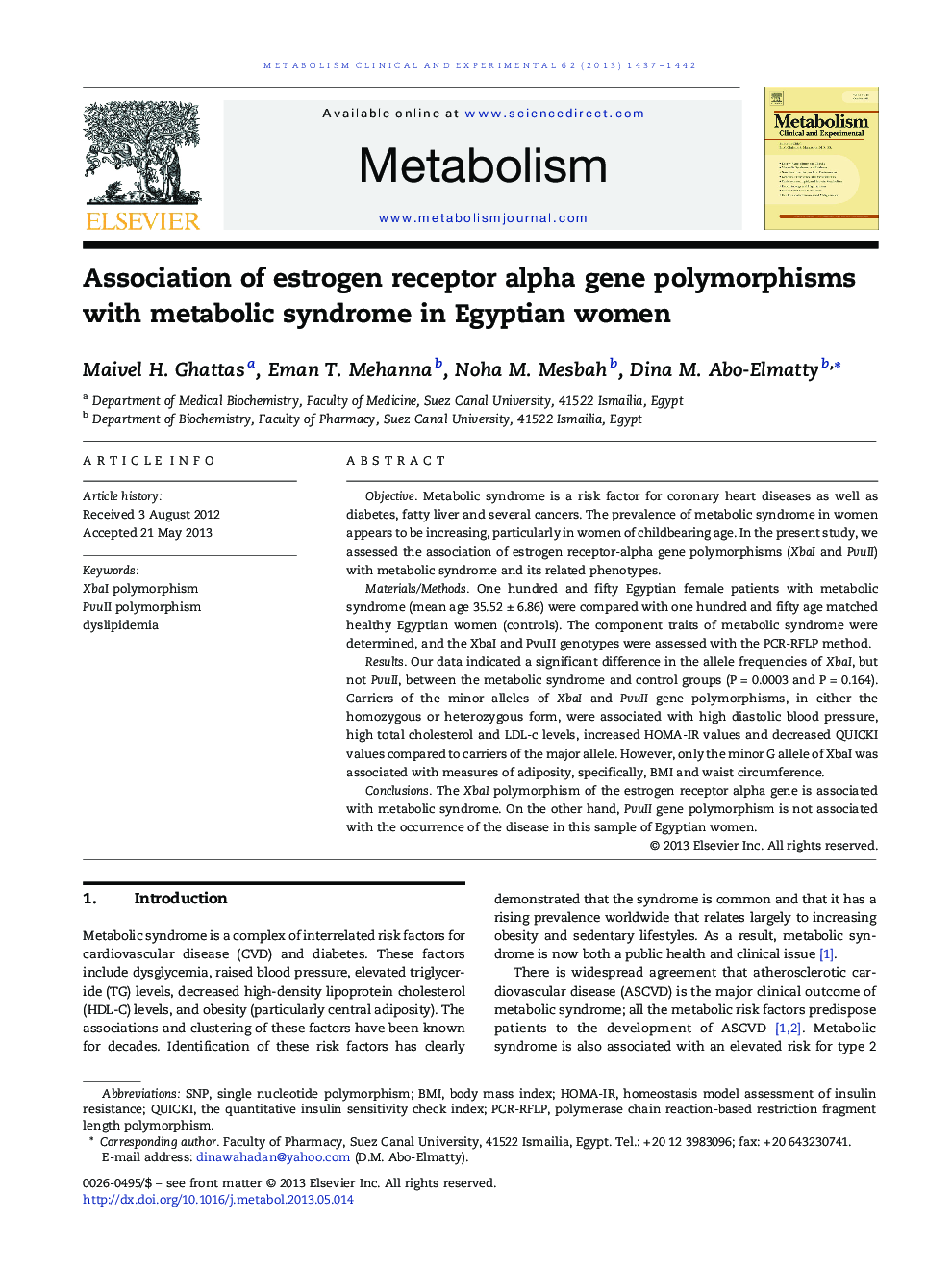 Association of estrogen receptor alpha gene polymorphisms with metabolic syndrome in Egyptian women