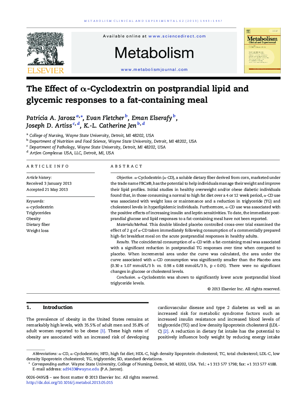 The Effect of α-Cyclodextrin on postprandial lipid and glycemic responses to a fat-containing meal