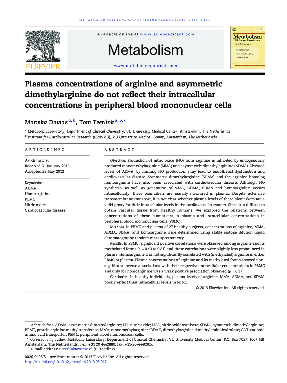 Plasma concentrations of arginine and asymmetric dimethylarginine do not reflect their intracellular concentrations in peripheral blood mononuclear cells