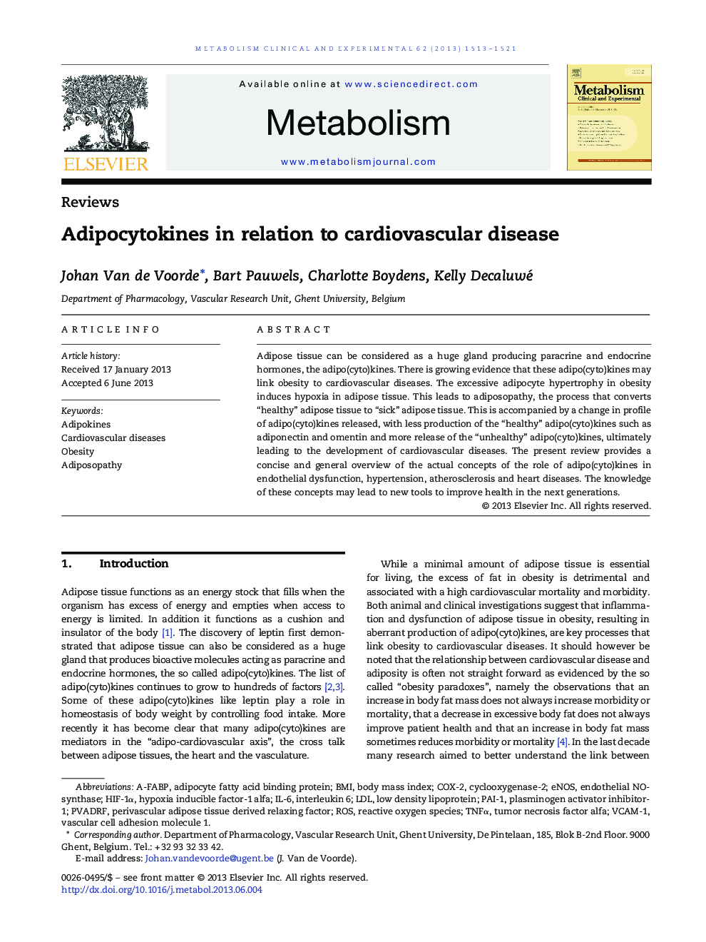 Adipocytokines in relation to cardiovascular disease