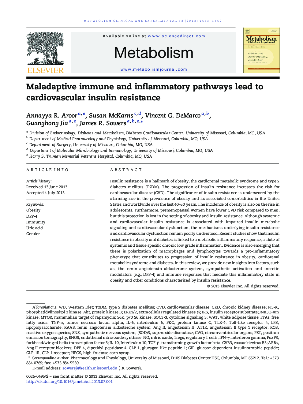 Maladaptive immune and inflammatory pathways lead to cardiovascular insulin resistance