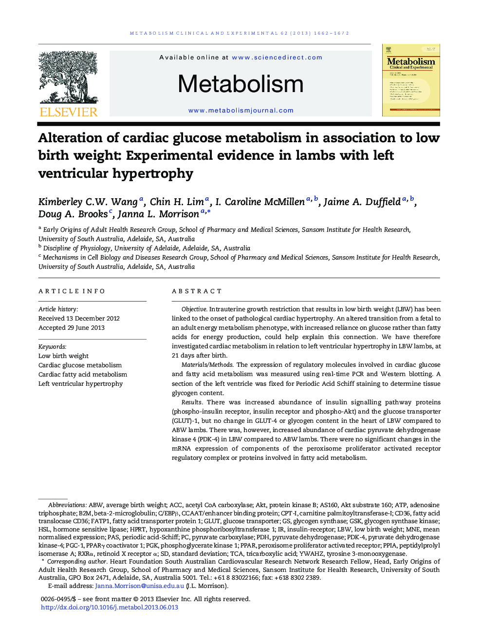 Alteration of cardiac glucose metabolism in association to low birth weight: Experimental evidence in lambs with left ventricular hypertrophy
