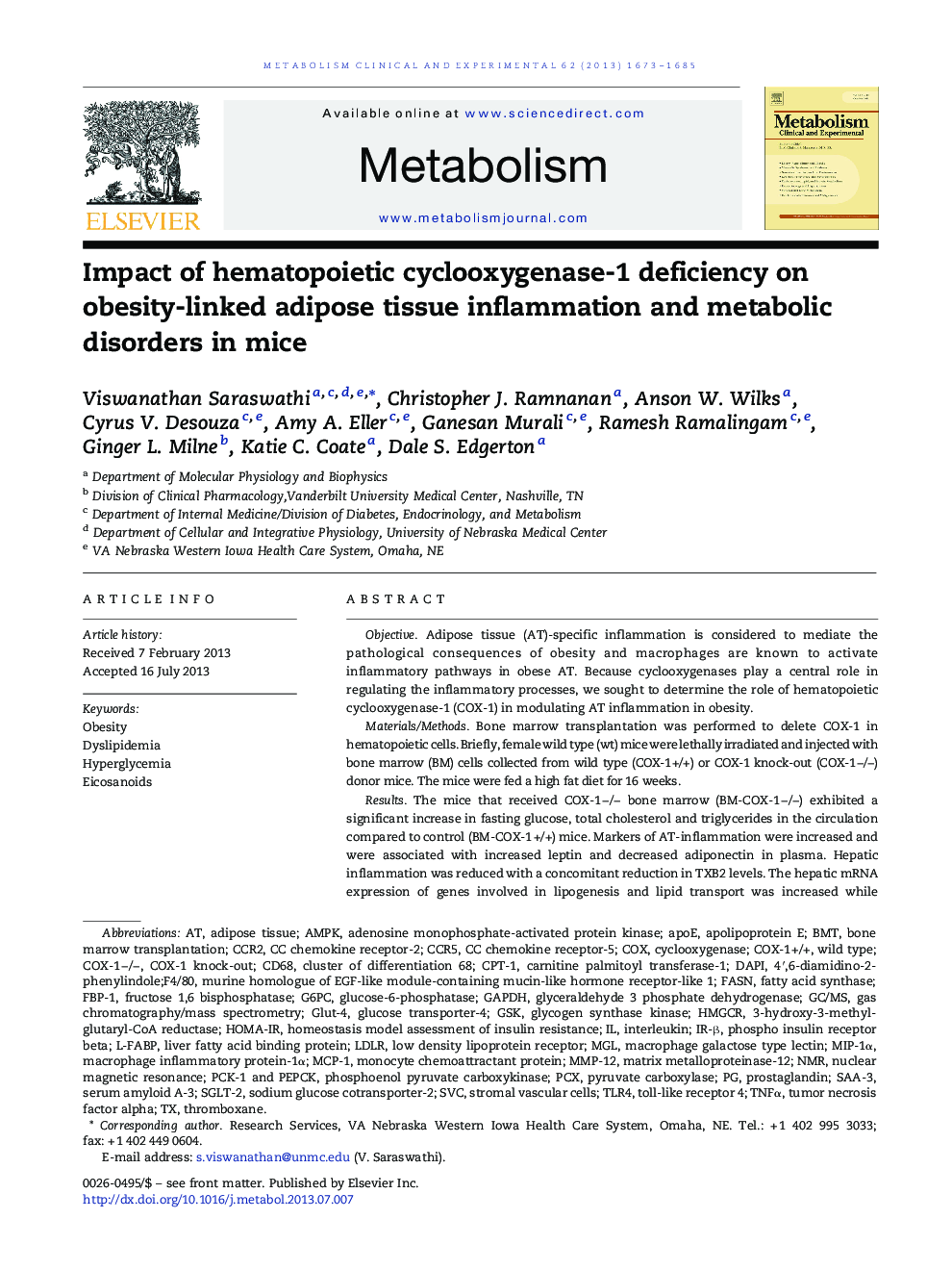 Impact of hematopoietic cyclooxygenase-1 deficiency on obesity-linked adipose tissue inflammation and metabolic disorders in mice