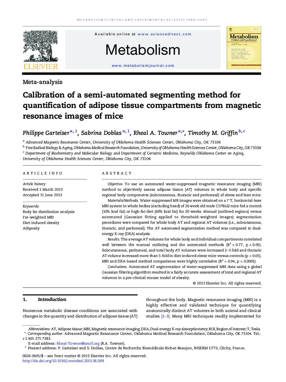 Calibration of a semi-automated segmenting method for quantification of adipose tissue compartments from magnetic resonance images of mice