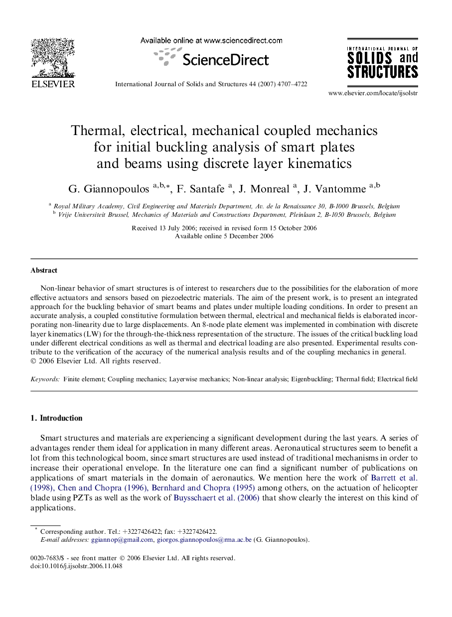 Thermal, electrical, mechanical coupled mechanics for initial buckling analysis of smart plates and beams using discrete layer kinematics