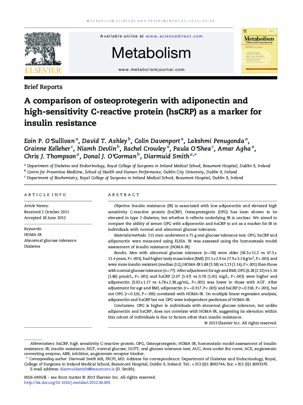 A comparison of osteoprotegerin with adiponectin and high-sensitivity C-reactive protein (hsCRP) as a marker for insulin resistance