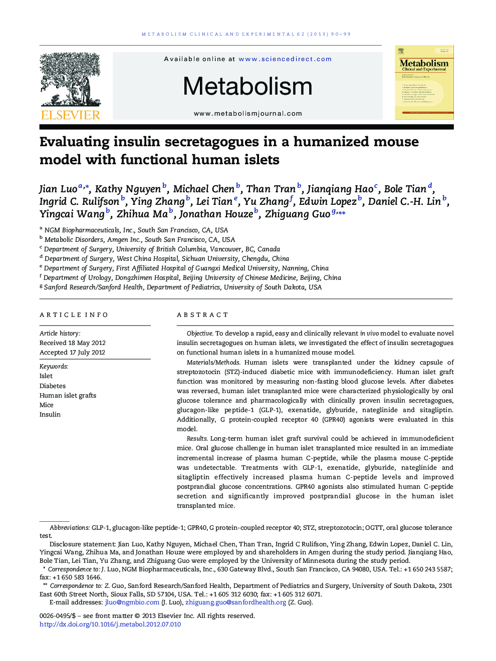 Evaluating insulin secretagogues in a humanized mouse model with functional human islets