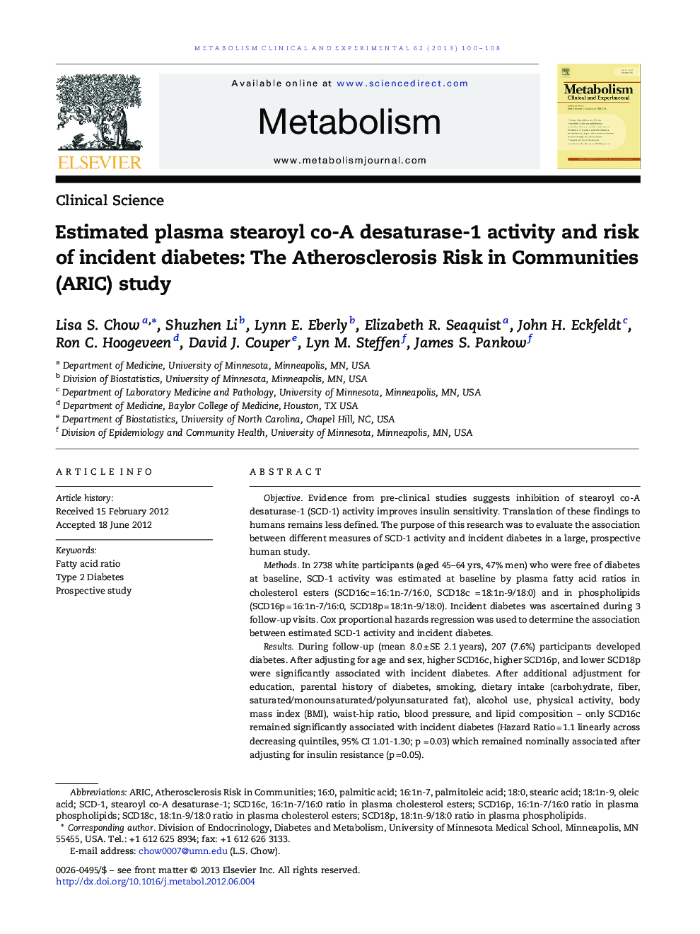Estimated plasma stearoyl co-A desaturase-1 activity and risk of incident diabetes: The Atherosclerosis Risk in Communities (ARIC) study