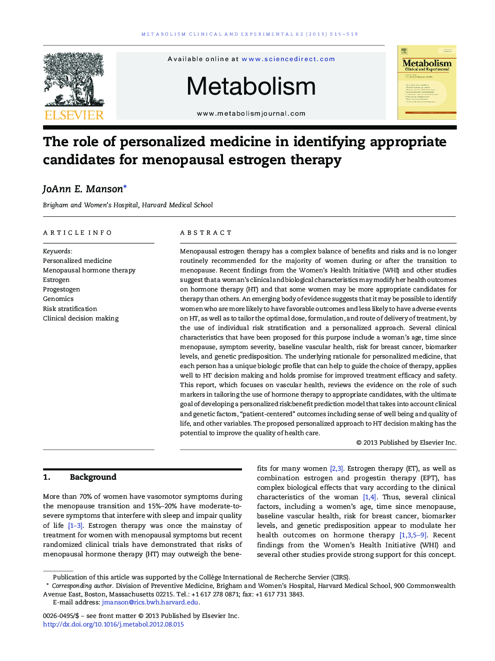 The role of personalized medicine in identifying appropriate candidates for menopausal estrogen therapy 