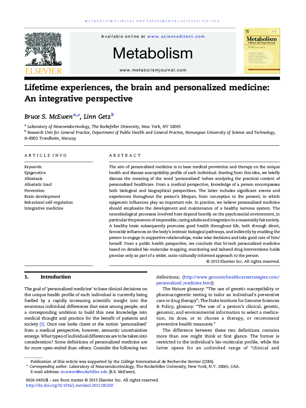 Lifetime experiences, the brain and personalized medicine: An integrative perspective 