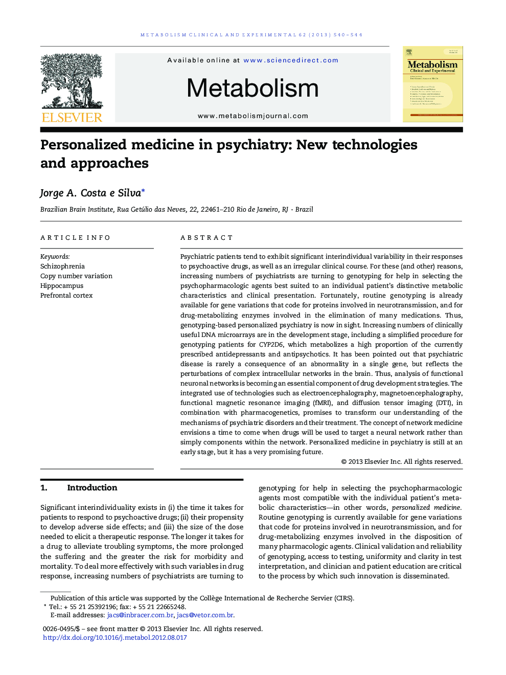 Personalized medicine in psychiatry: New technologies and approaches 