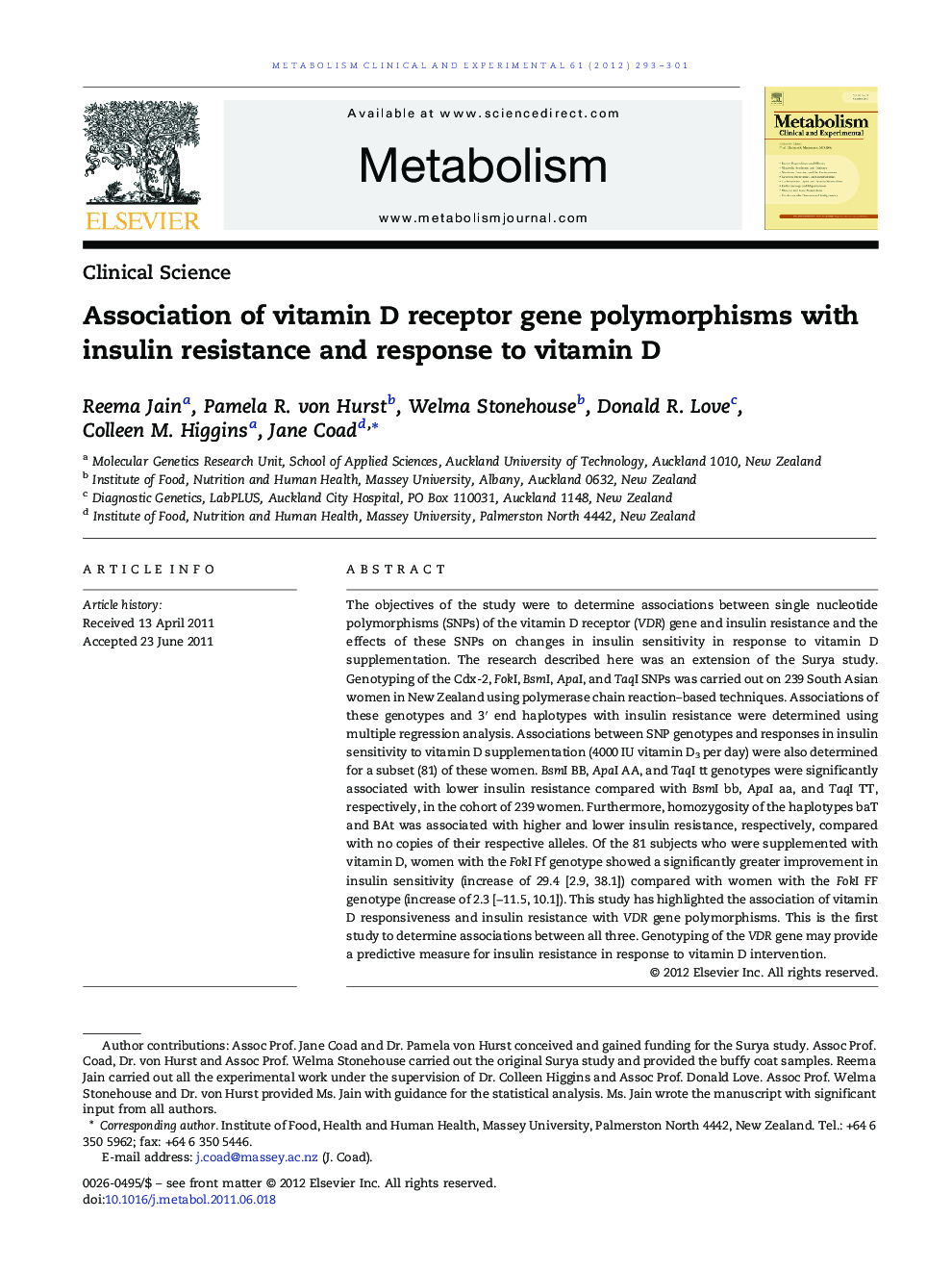 Association of vitamin D receptor gene polymorphisms with insulin resistance and response to vitamin D 