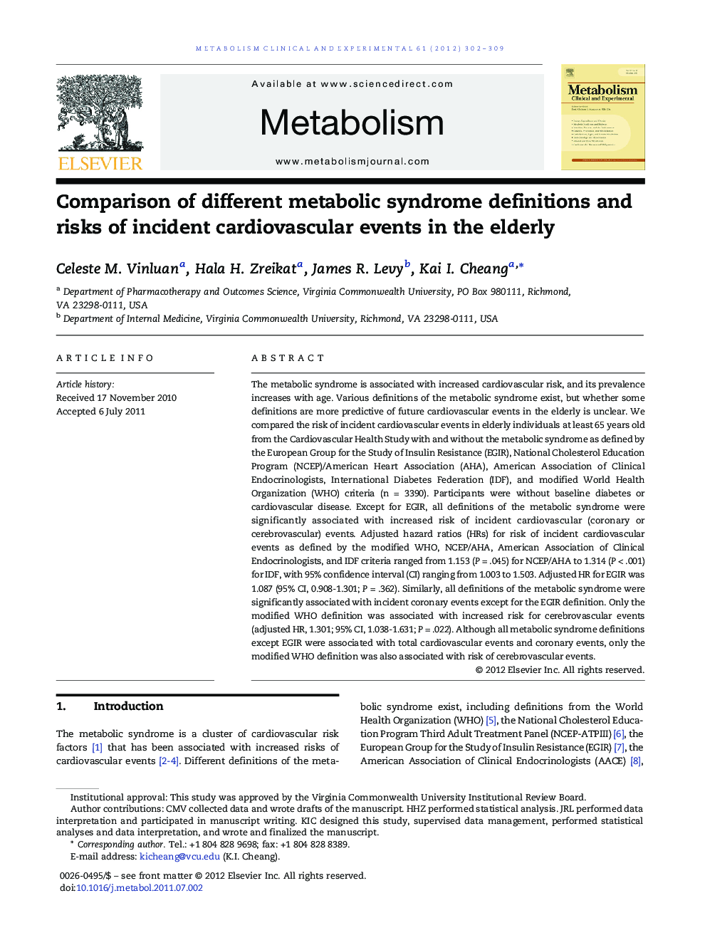 Comparison of different metabolic syndrome definitions and risks of incident cardiovascular events in the elderly 