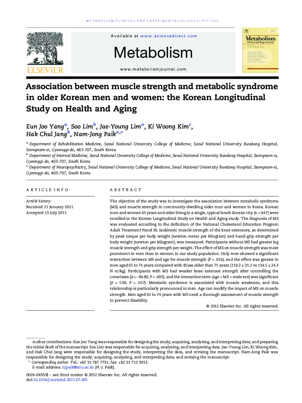 Association between muscle strength and metabolic syndrome in older Korean men and women: the Korean Longitudinal Study on Health and Aging 