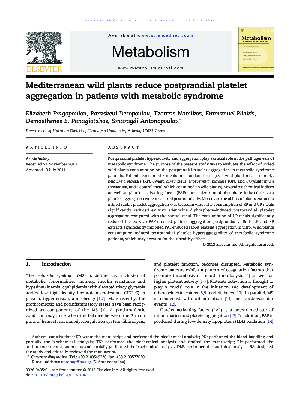 Mediterranean wild plants reduce postprandial platelet aggregation in patients with metabolic syndrome 