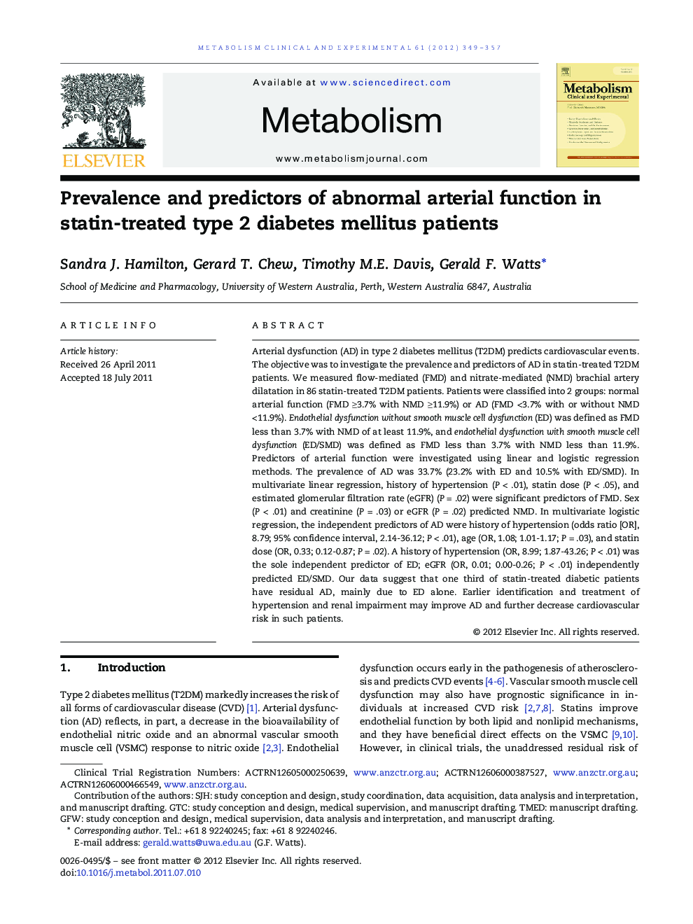 Prevalence and predictors of abnormal arterial function in statin-treated type 2 diabetes mellitus patients 
