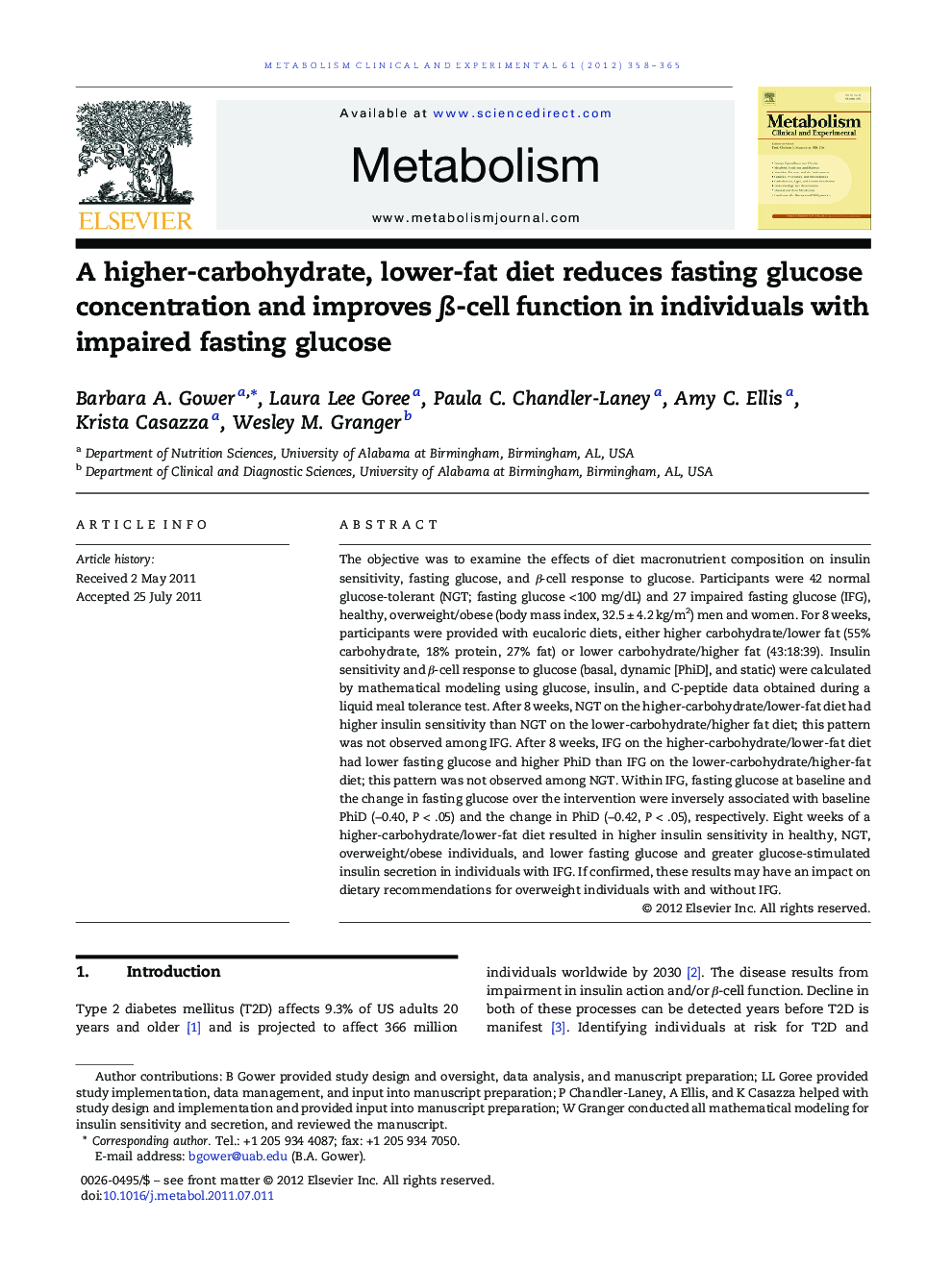 A higher-carbohydrate, lower-fat diet reduces fasting glucose concentration and improves β-cell function in individuals with impaired fasting glucose 