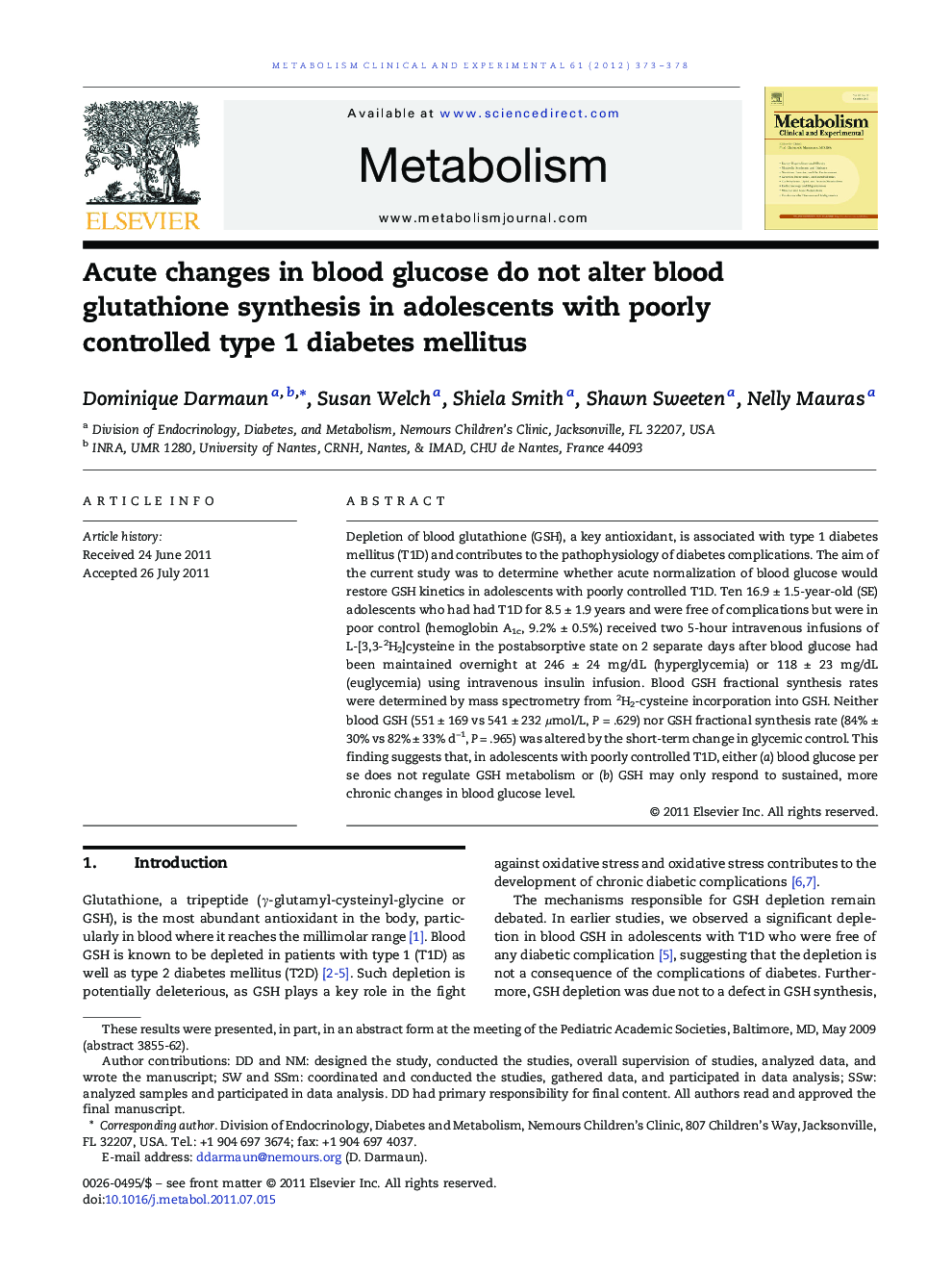 Acute changes in blood glucose do not alter blood glutathione synthesis in adolescents with poorly controlled type 1 diabetes mellitus