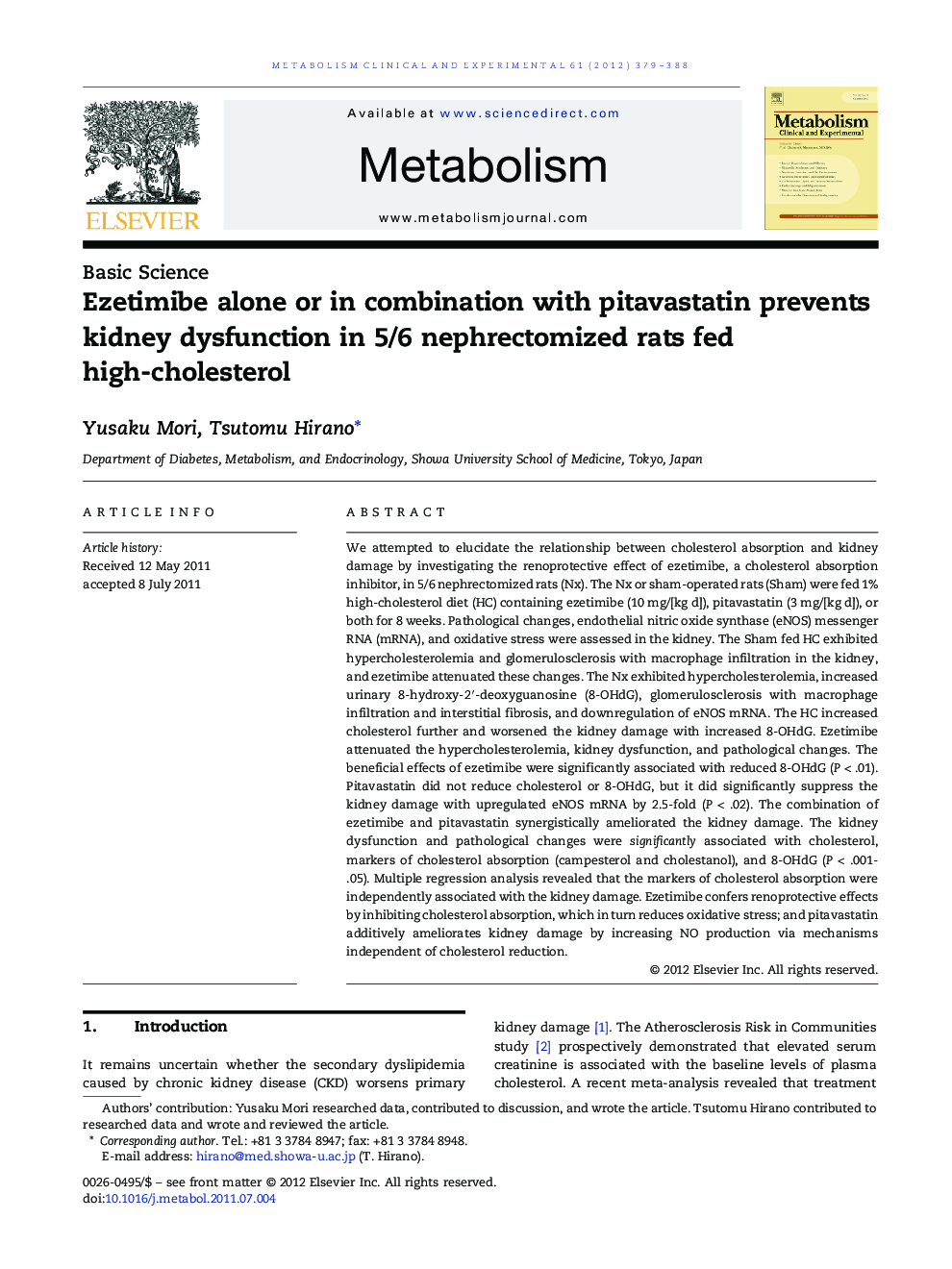 Ezetimibe alone or in combination with pitavastatin prevents kidney dysfunction in 5/6 nephrectomized rats fed high-cholesterol 