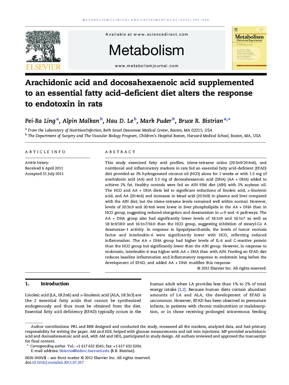 Arachidonic acid and docosahexaenoic acid supplemented to an essential fatty acid-deficient diet alters the response to endotoxin in rats