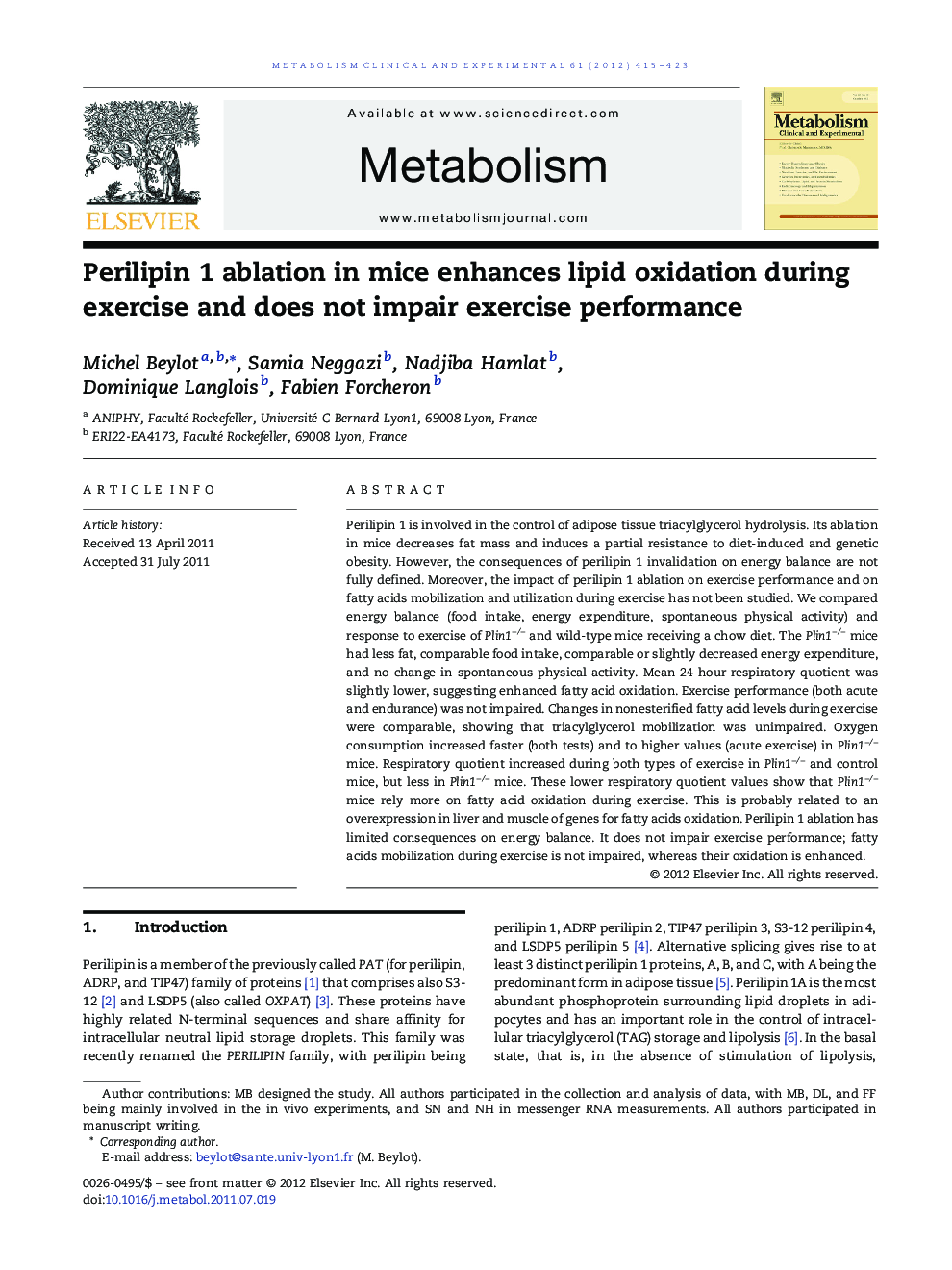 Perilipin 1 ablation in mice enhances lipid oxidation during exercise and does not impair exercise performance 