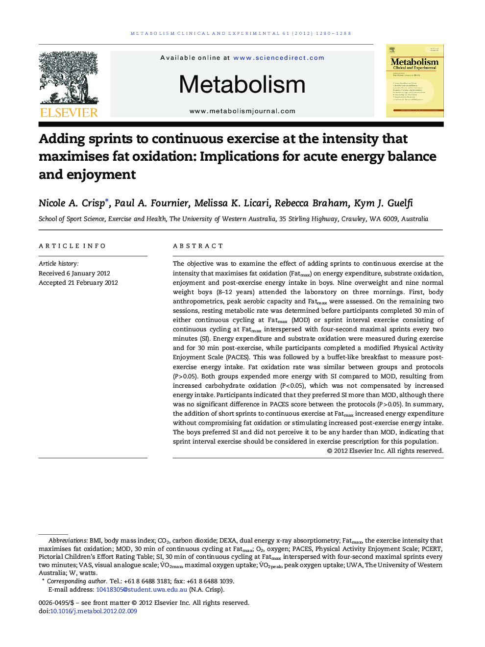 Adding sprints to continuous exercise at the intensity that maximises fat oxidation: Implications for acute energy balance and enjoyment