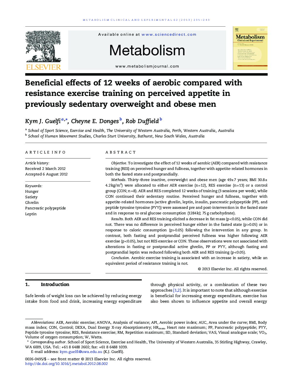 Beneficial effects of 12 weeks of aerobic compared with resistance exercise training on perceived appetite in previously sedentary overweight and obese men