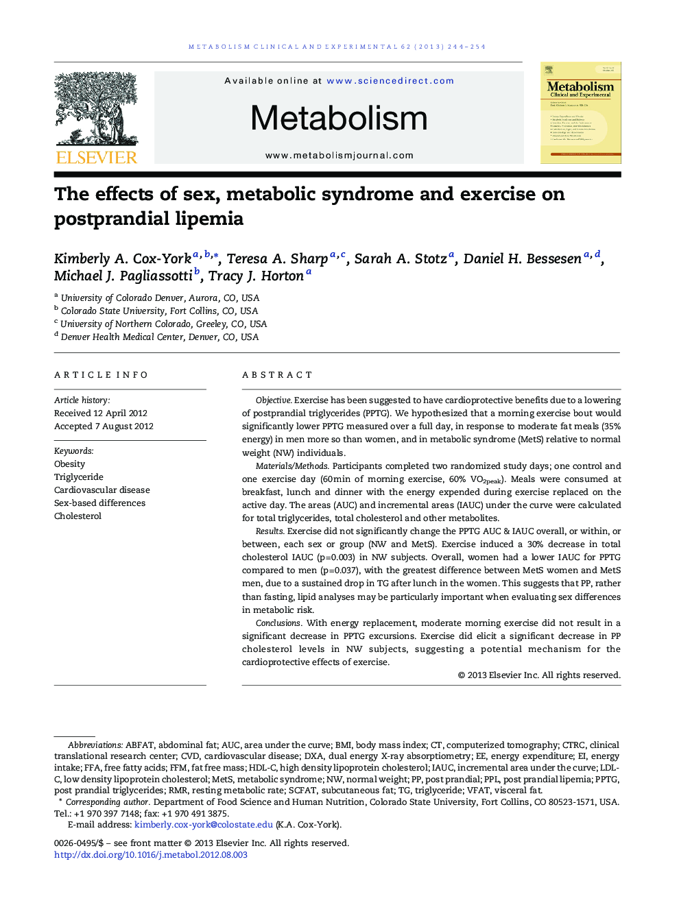 The effects of sex, metabolic syndrome and exercise on postprandial lipemia