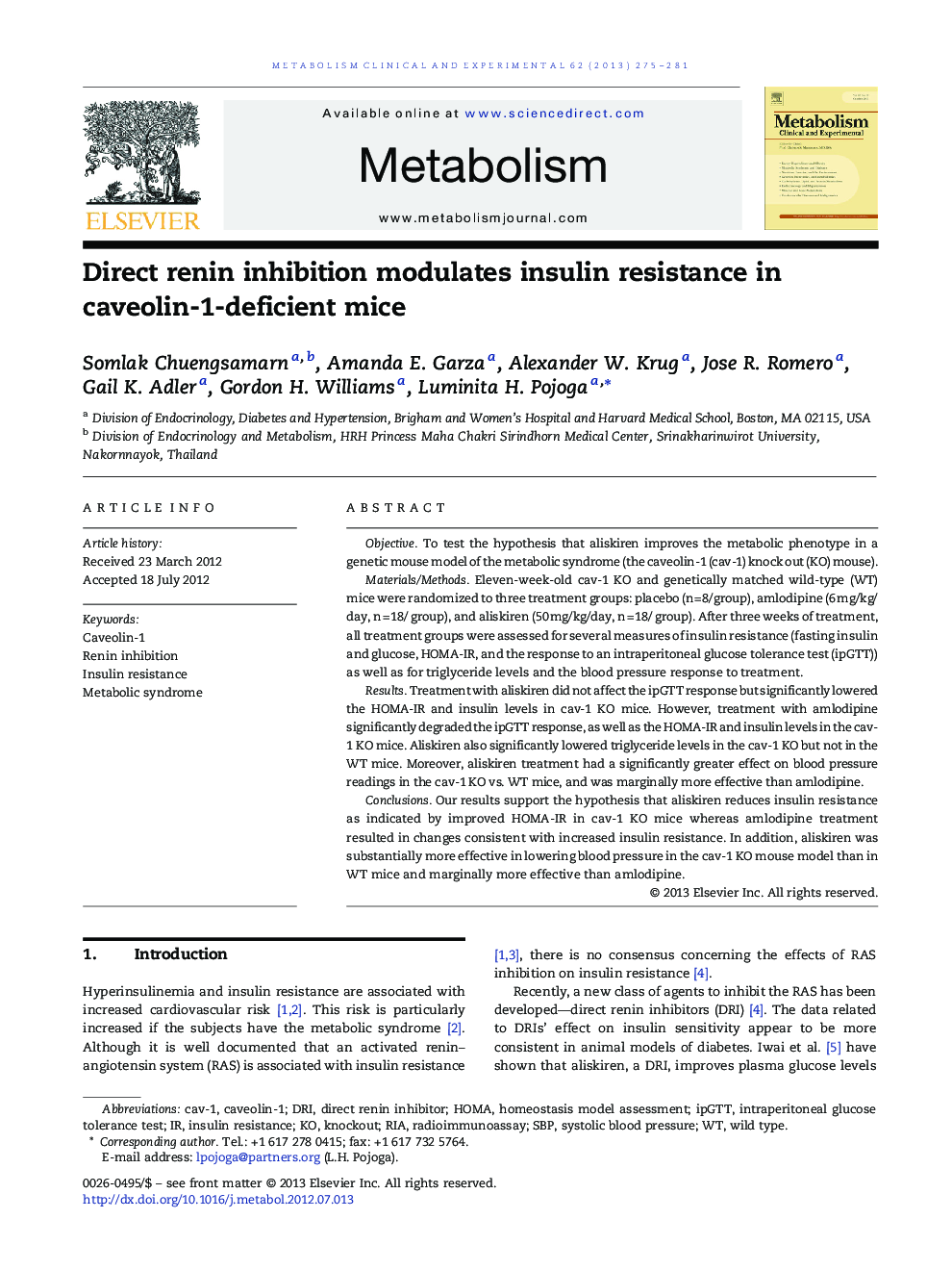 Direct renin inhibition modulates insulin resistance in caveolin-1-deficient mice