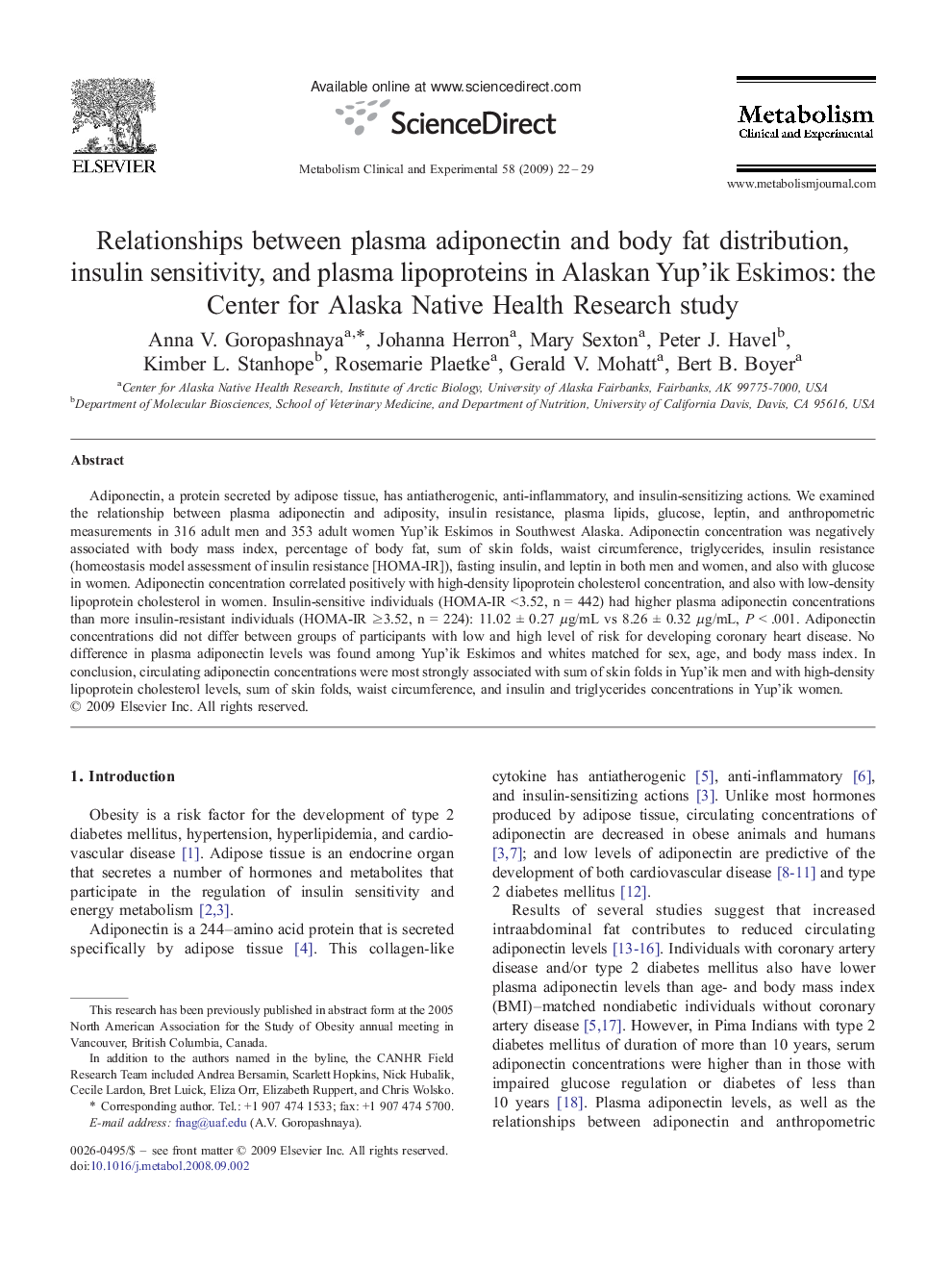Relationships between plasma adiponectin and body fat distribution, insulin sensitivity, and plasma lipoproteins in Alaskan Yup'ik Eskimos: the Center for Alaska Native Health Research study 