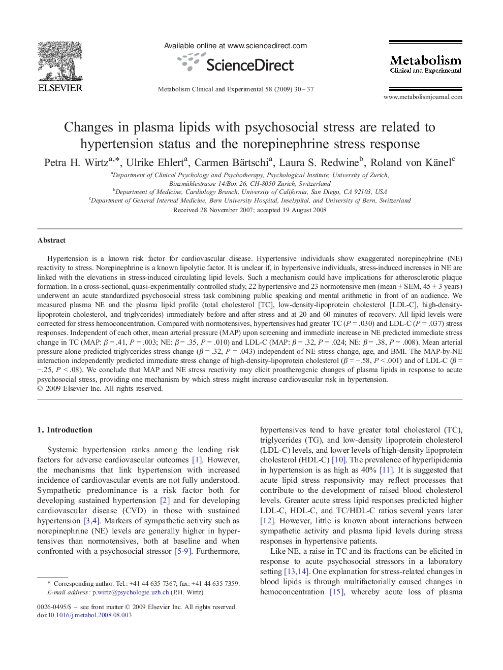 Changes in plasma lipids with psychosocial stress are related to hypertension status and the norepinephrine stress response