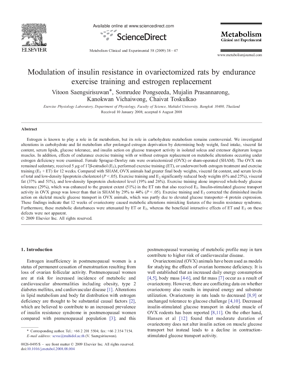 Modulation of insulin resistance in ovariectomized rats by endurance exercise training and estrogen replacement