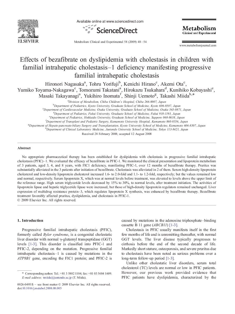 Effects of bezafibrate on dyslipidemia with cholestasis in children with familial intrahepatic cholestasis–1 deficiency manifesting progressive familial intrahepatic cholestasis