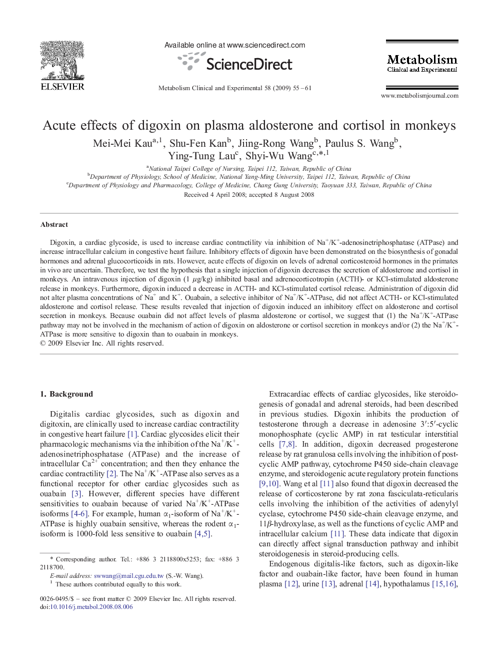Acute effects of digoxin on plasma aldosterone and cortisol in monkeys