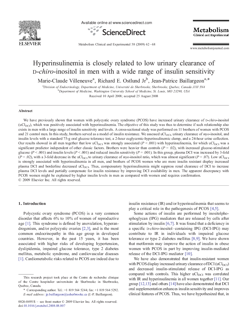 Hyperinsulinemia is closely related to low urinary clearance of d-chiro-inositol in men with a wide range of insulin sensitivity 