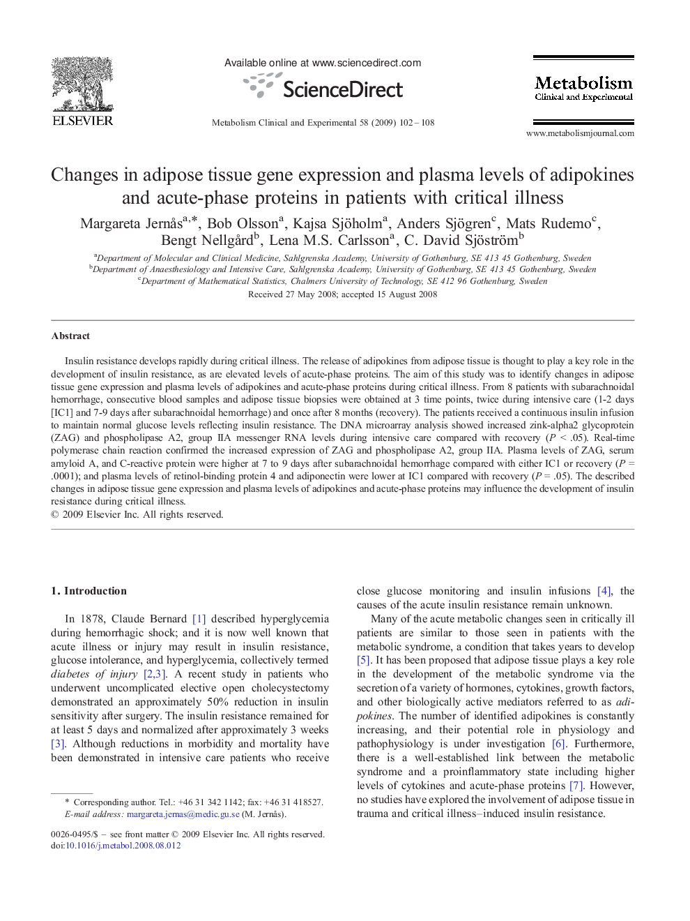 Changes in adipose tissue gene expression and plasma levels of adipokines and acute-phase proteins in patients with critical illness