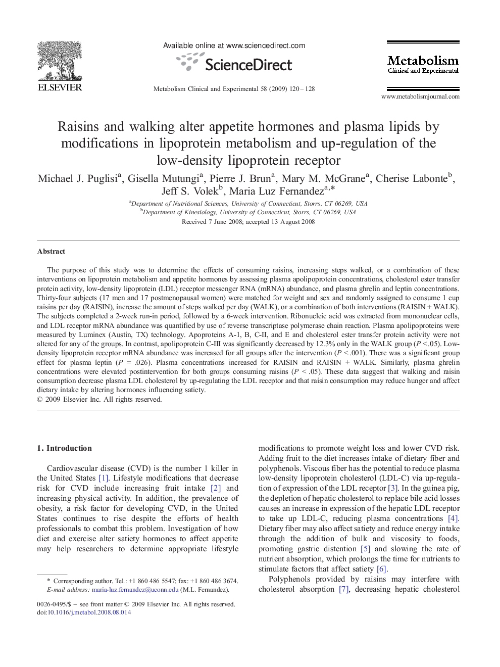 Raisins and walking alter appetite hormones and plasma lipids by modifications in lipoprotein metabolism and up-regulation of the low-density lipoprotein receptor