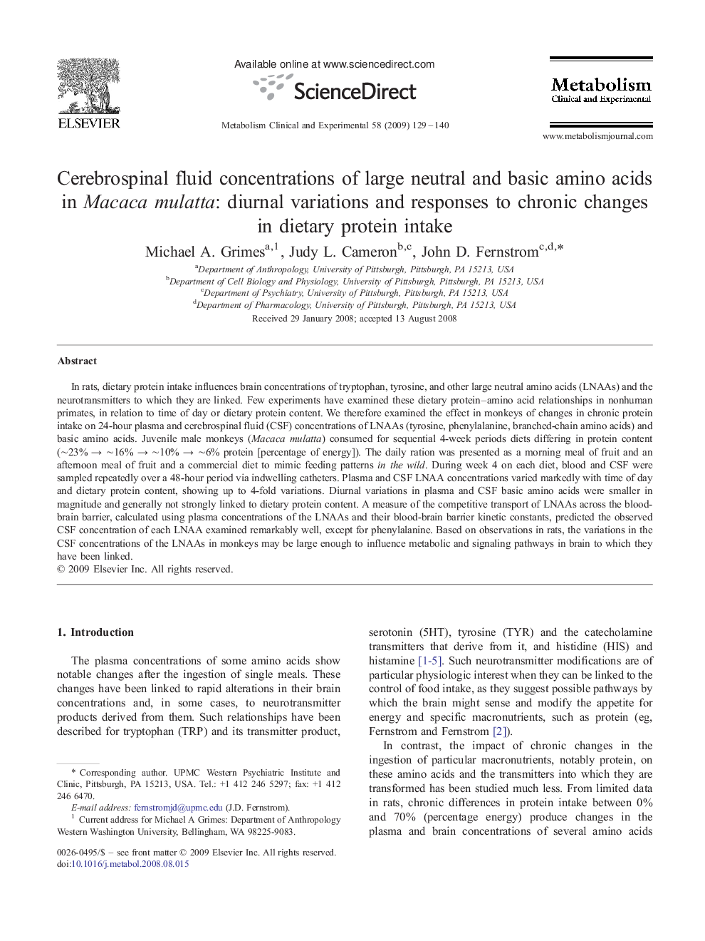 Cerebrospinal fluid concentrations of large neutral and basic amino acids in Macaca mulatta: diurnal variations and responses to chronic changes in dietary protein intake