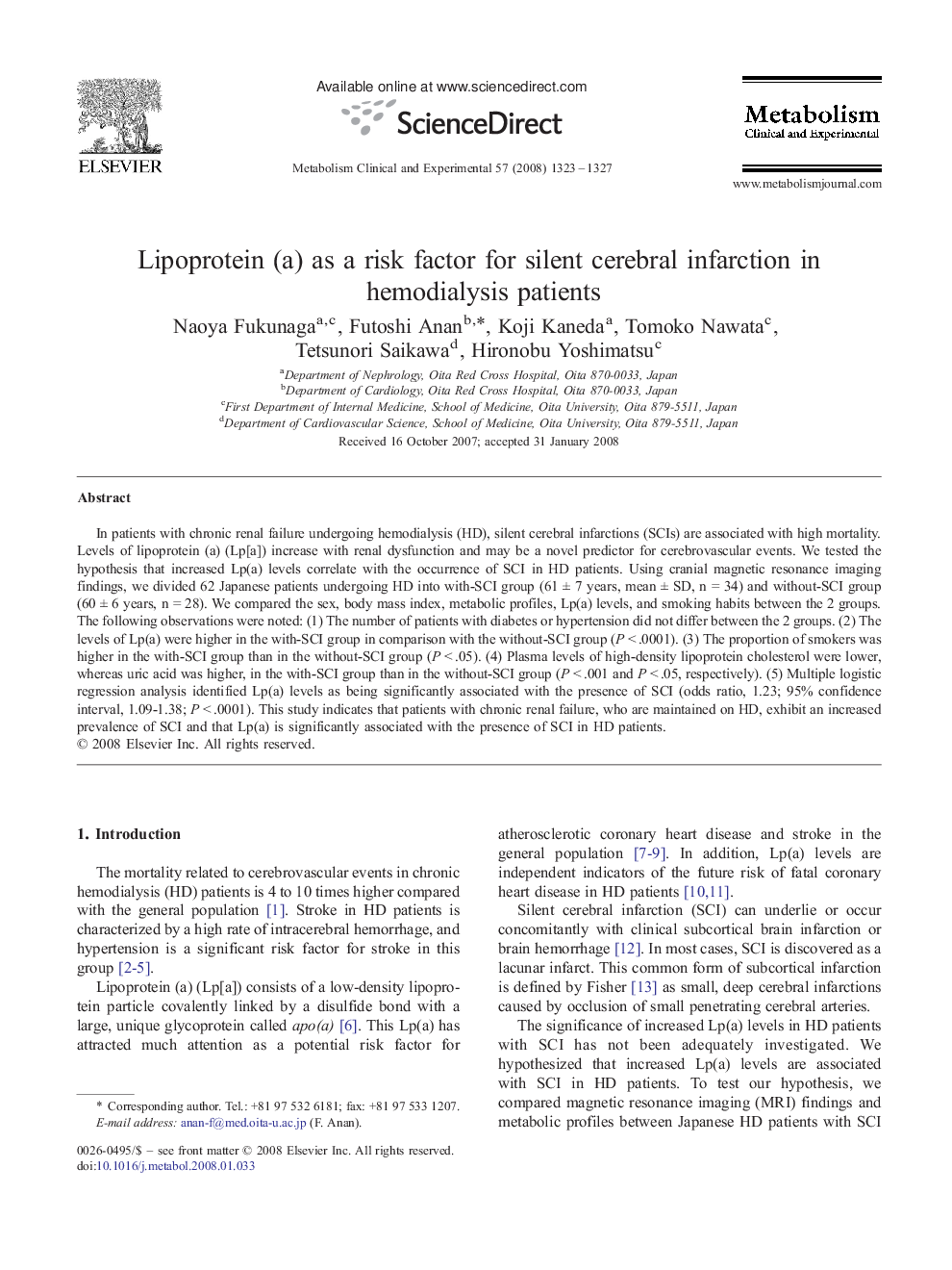 Lipoprotein (a) as a risk factor for silent cerebral infarction in hemodialysis patients