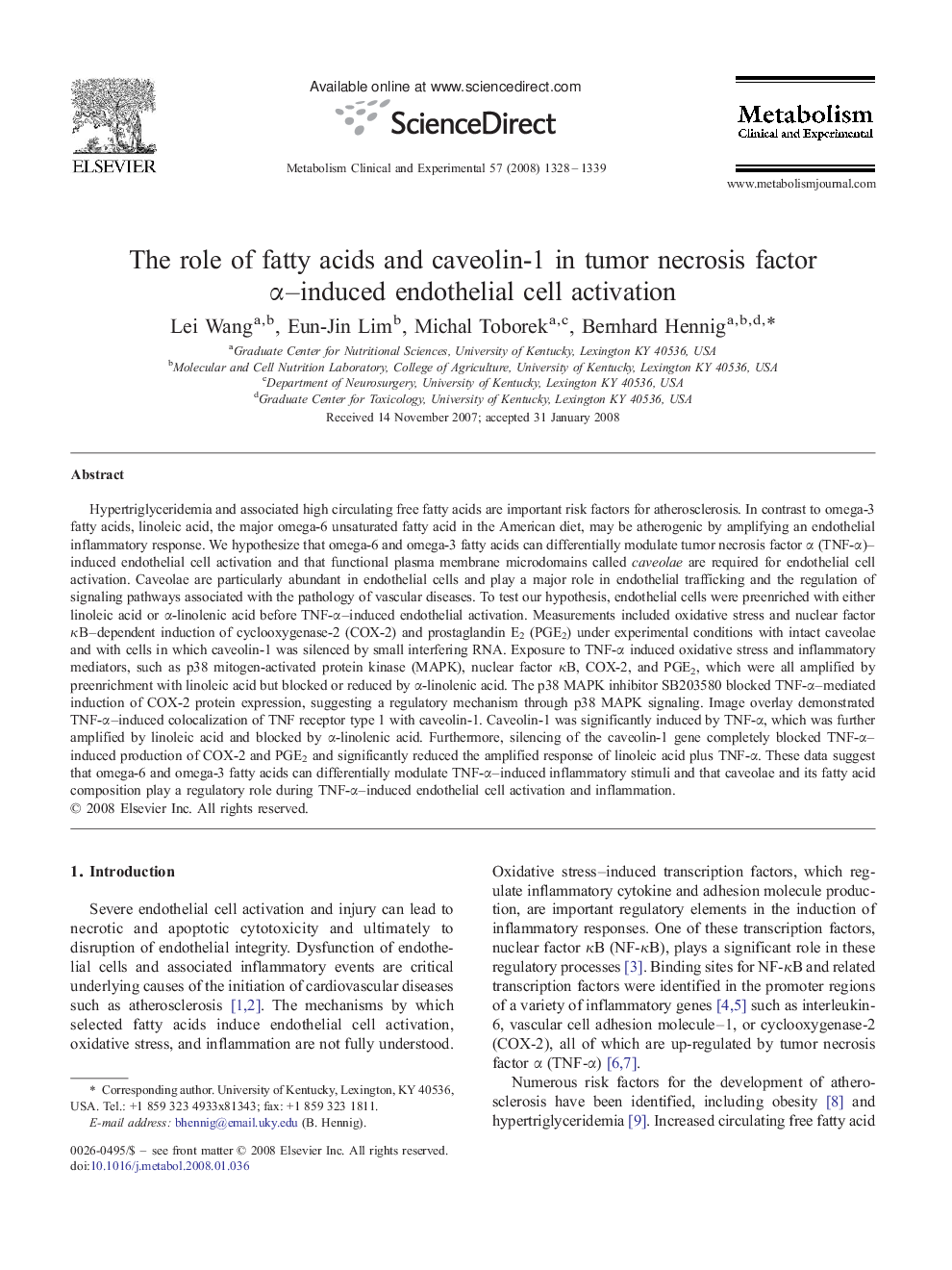 The role of fatty acids and caveolin-1 in tumor necrosis factor α–induced endothelial cell activation