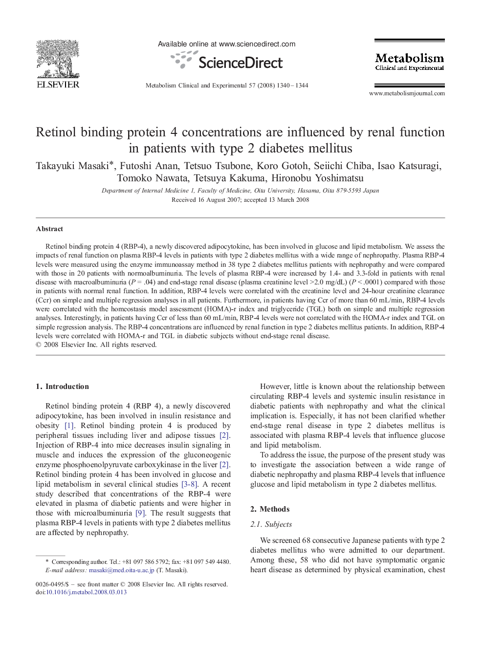 Retinol binding protein 4 concentrations are influenced by renal function in patients with type 2 diabetes mellitus