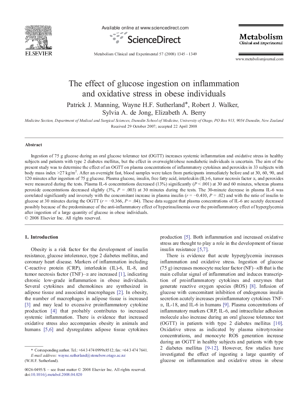 The effect of glucose ingestion on inflammation and oxidative stress in obese individuals