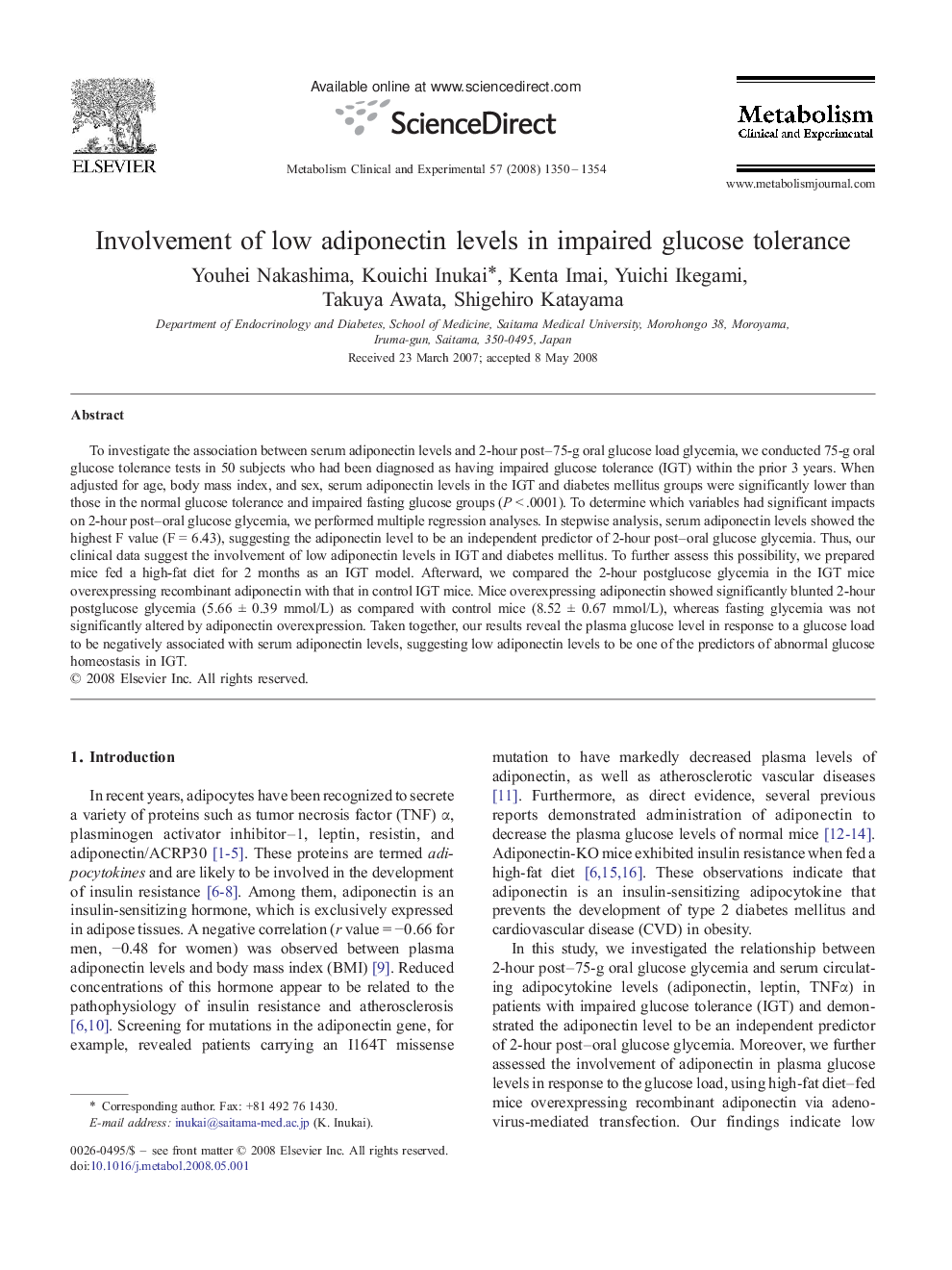 Involvement of low adiponectin levels in impaired glucose tolerance