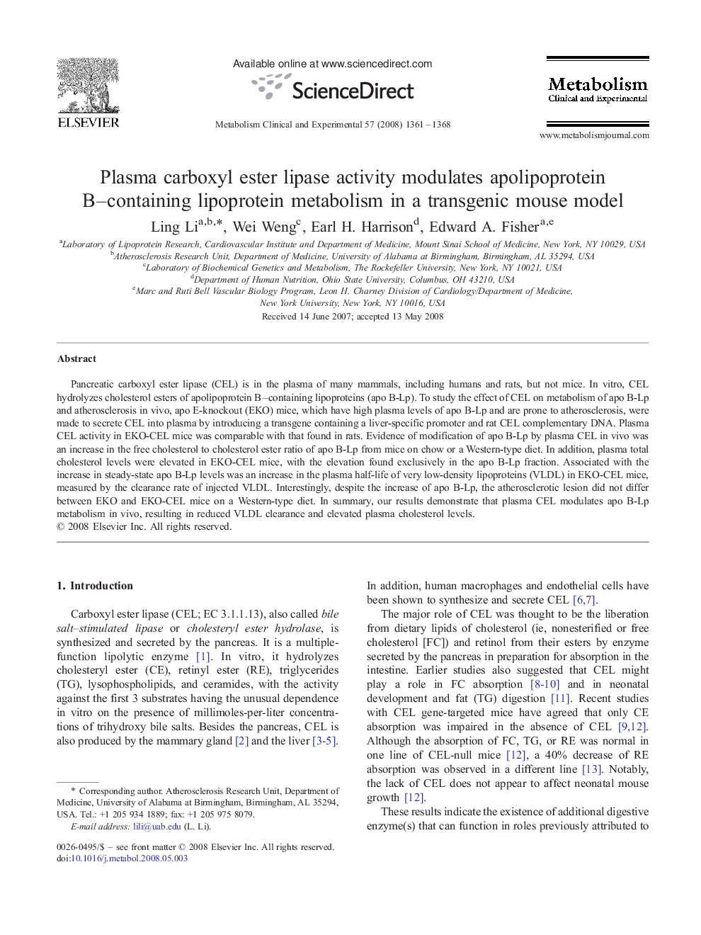 Plasma carboxyl ester lipase activity modulates apolipoprotein B-containing lipoprotein metabolism in a transgenic mouse model